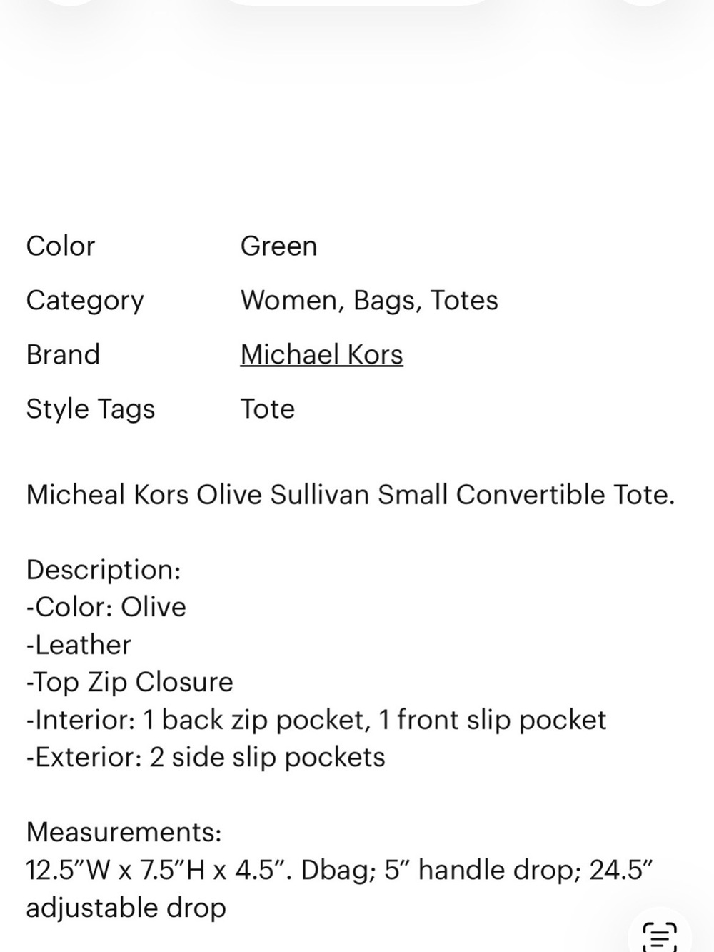 **NWT!** Michael Kors Olive Sullivan Small Convertible Top Zip Tote Handbag - Picture 6 of 6